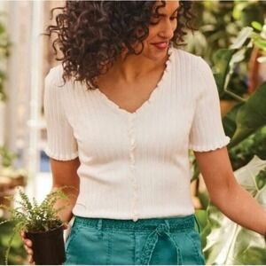 Soft Surroundings Women Sz‎ 1X White Ribbed Scallop Edge Button Up Sweater  Tee